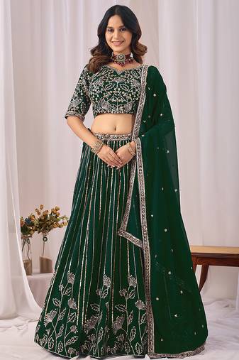 Dark Green Embroidered Faux Georgette Lehenga Choli with Dupatta