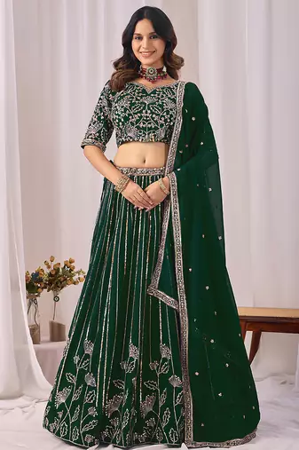 Dark Green Embroidered Faux Georgette Lehenga Choli with Dupatta