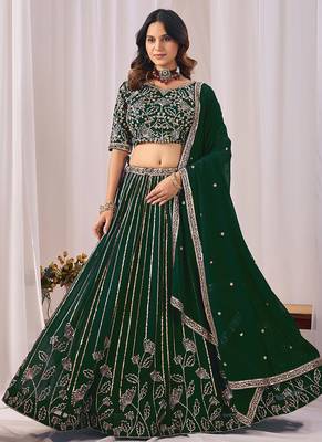 Dark Green Embroidered Faux Georgette Lehenga Choli with Dupatta 2