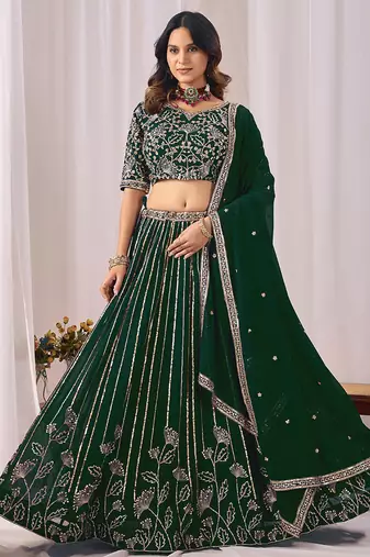 Dark Green Embroidered Faux Georgette Lehenga Choli with Dupatta