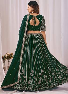 Dark Green Embroidered Faux Georgette Lehenga Choli with Dupatta 3