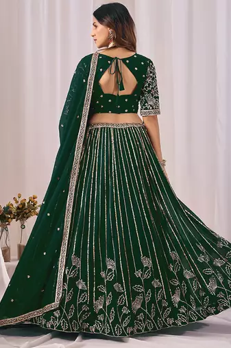 Dark Green Embroidered Faux Georgette Lehenga Choli with Dupatta
