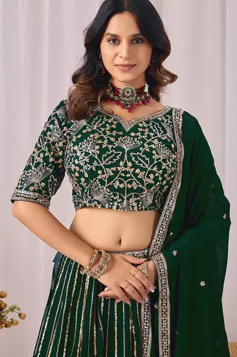 Dark Green Embroidered Faux Georgette Lehenga Choli with Dupatta