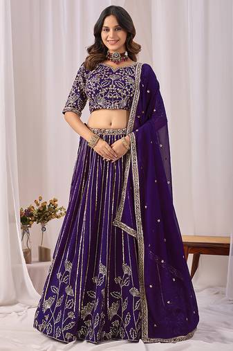 Purple Embroidered Faux Georgette Lehenga Choli with Dupatta