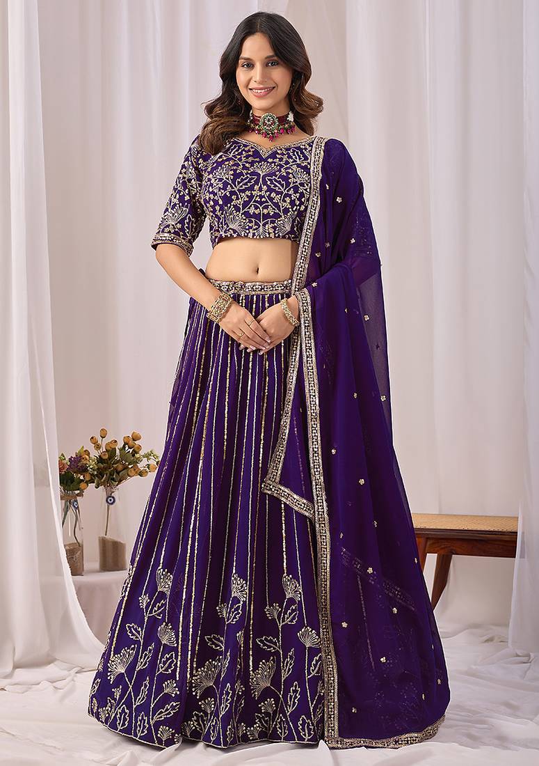 Purple Embroidered Faux Georgette Lehenga Choli with Dupatta