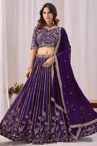 Purple Embroidered Faux Georgette Lehenga Choli with Dupatta