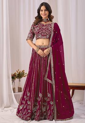 Wine Embroidered Faux Georgette Lehenga Choli with Dupatta 1
