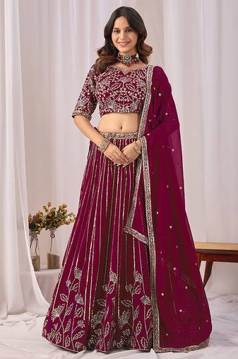Wine Embroidered Faux Georgette Lehenga Choli with Dupatta