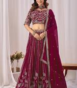 Wine Embroidered Faux Georgette Lehenga Choli with Dupatta