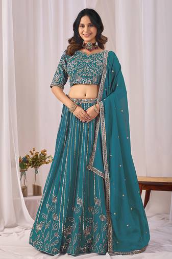 teal blue embroidered faux georgette lehenga choli with dupatta