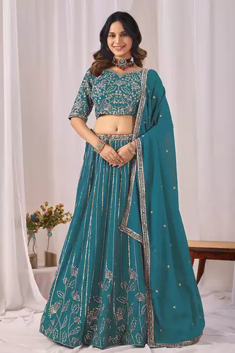 Teal Blue Embroidered Faux Georgette Lehenga Choli with Dupatta