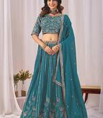 Teal Blue Embroidered Faux Georgette Lehenga Choli with Dupatta