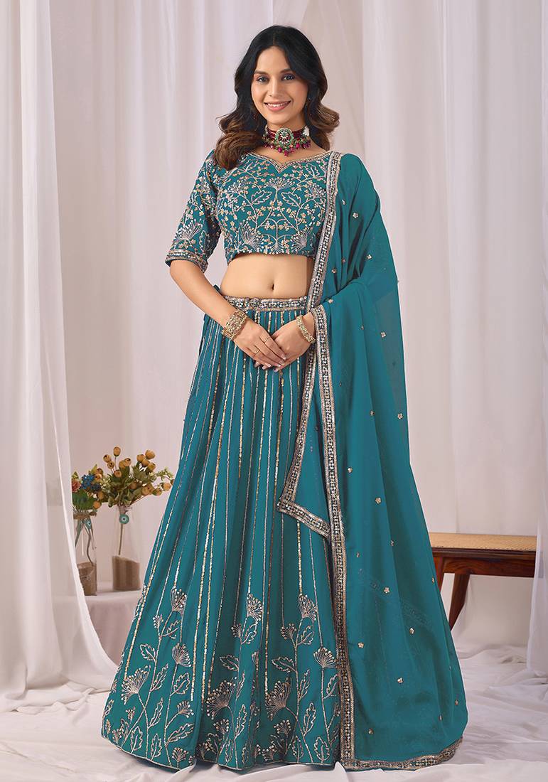 Teal Blue Embroidered Faux Georgette Lehenga Choli with Dupatta