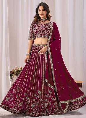 Wine Embroidered Faux Georgette Lehenga Choli with Dupatta 2