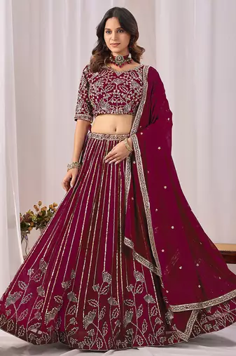 Wine Embroidered Faux Georgette Lehenga Choli with Dupatta