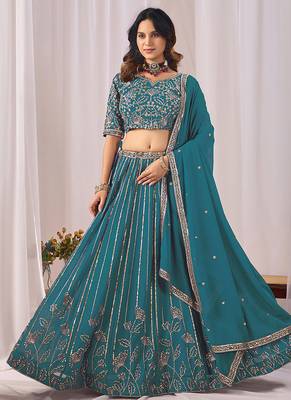 Teal Blue Embroidered Faux Georgette Lehenga Choli with Dupatta 2