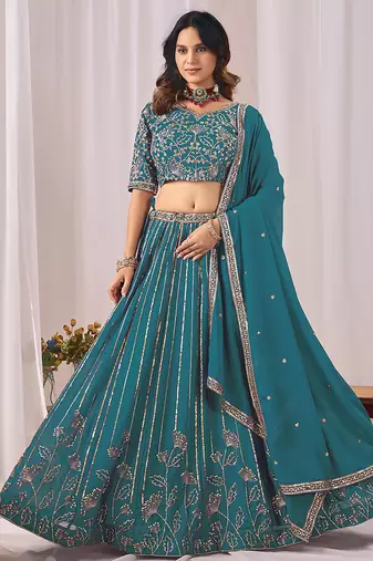 Teal Blue Embroidered Faux Georgette Lehenga Choli with Dupatta