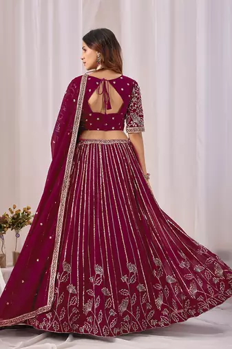 Wine Embroidered Faux Georgette Lehenga Choli with Dupatta