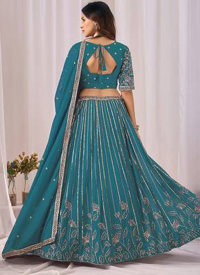 Teal Blue Embroidered Faux Georgette Lehenga Choli with Dupatta 3