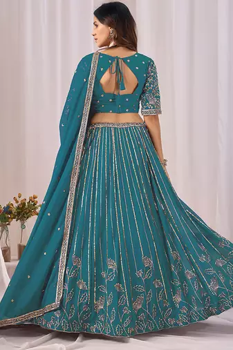 Teal Blue Embroidered Faux Georgette Lehenga Choli with Dupatta