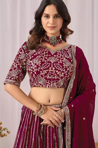 Wine Embroidered Faux Georgette Lehenga Choli with Dupatta