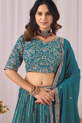 Teal Blue Embroidered Faux Georgette Lehenga Choli with Dupatta