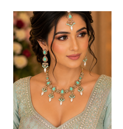 Pista color necklace set with earrings & maang tikka | kundan and agate stone | antique gold plating 4