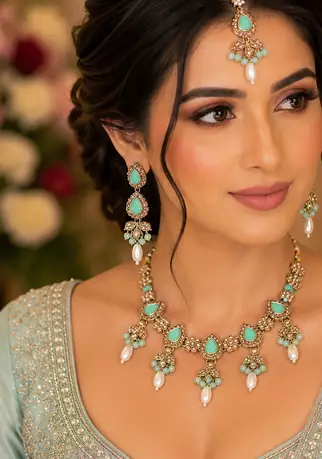 Pista color necklace set with earrings & maang tikka | kundan and agate stone | antique gold plating