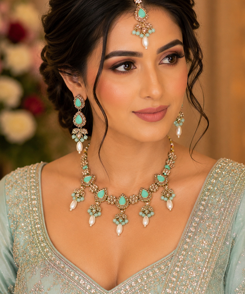 Pista color necklace set with earrings & maang tikka | kundan and agate stone | antique gold plating