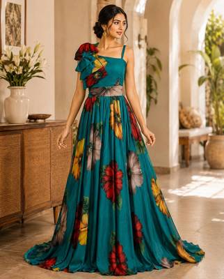Teal blue pure georgette printed indo-western gown set with lycra pant 1