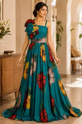 Teal blue pure georgette printed indo-western gown set with lycra pant