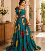 Teal blue pure georgette printed indo-western gown set with lycra pant