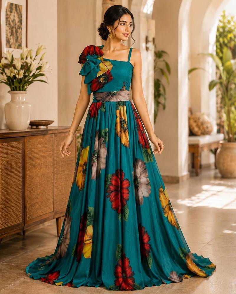 Teal blue pure georgette printed indo-western gown set with lycra pant