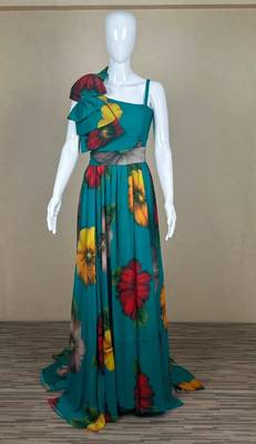 Teal blue pure georgette printed indo-western gown set with lycra pant 2