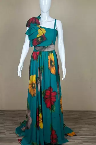 Teal blue pure georgette printed indo-western gown set with lycra pant