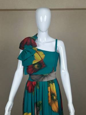 Teal blue pure georgette printed indo-western gown set with lycra pant 3