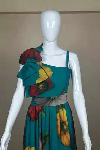 Teal blue pure georgette printed indo-western gown set with lycra pant