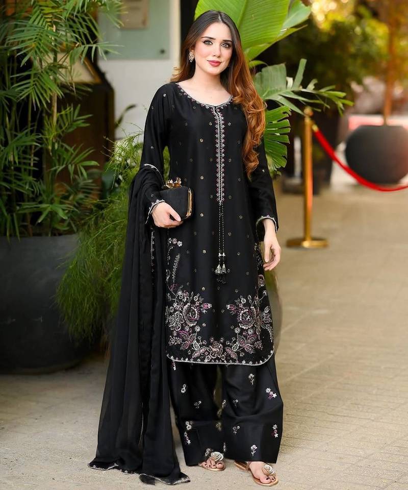 Black heavy satin glass embroidered farshi salwar suit set