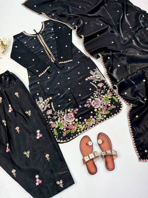 Black heavy satin glass embroidered farshi salwar suit set 2