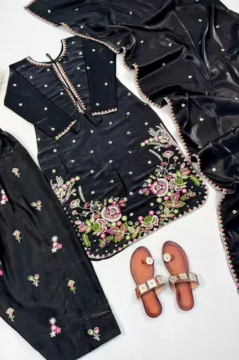 Black heavy satin glass embroidered farshi salwar suit set