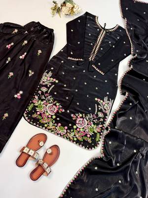 Black heavy satin glass embroidered farshi salwar suit set 3