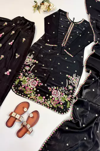 Black heavy satin glass embroidered farshi salwar suit set
