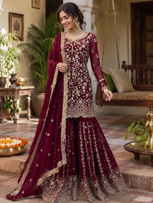 Maroon faux georgette thread & sequins sharara suit set 1