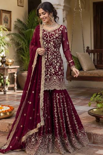 Maroon faux georgette thread & sequins sharara suit set