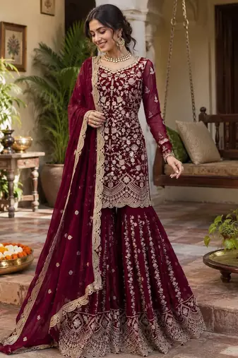 Maroon faux georgette thread & sequins sharara suit set