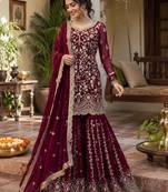 Maroon faux georgette thread & sequins sharara suit set