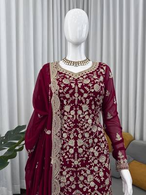 Maroon faux georgette thread & sequins sharara suit set 3