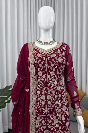 Maroon faux georgette thread & sequins sharara suit set