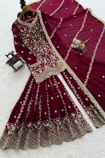 Maroon faux georgette thread & sequins sharara suit set
