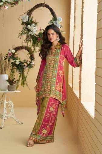 Rani pink  crepe silk digital print mirror work co-ord set